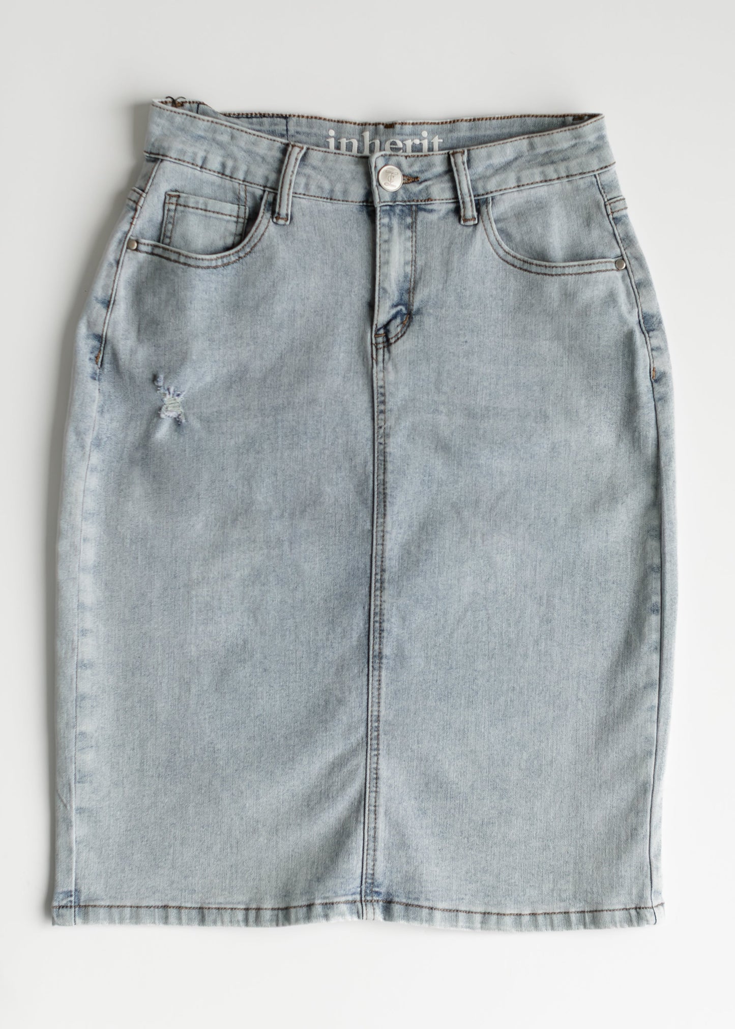 Maelia Distressed Denim Midi Skirt