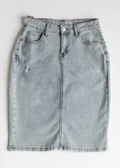 Maelia Distressed Denim Midi Skirt