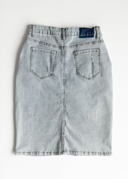 Maelia Distressed Denim Midi Skirt