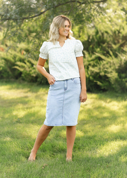 Maelia Distressed Denim Midi Skirt