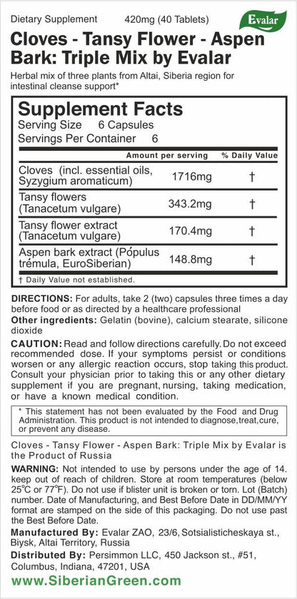 Cloves, Tansy & Aspen Herbal Mix – Evalar 40 Capsules