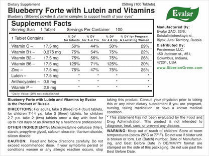 Blueberry Forte with Lutein - 100 Tablets- Vision care and Eye care supplement