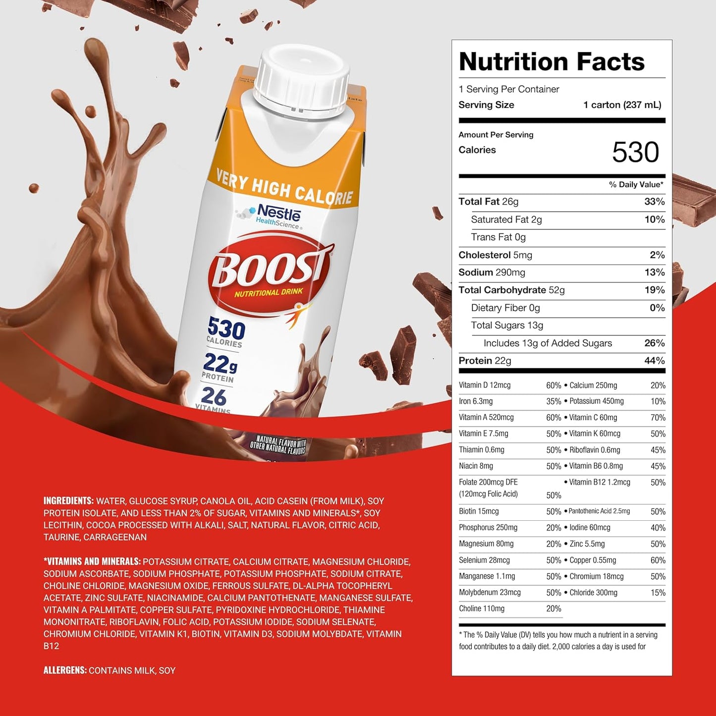 Nestle Boost Very High Calorie (VHC), Chocolate, 8 oz Carton, Case/24