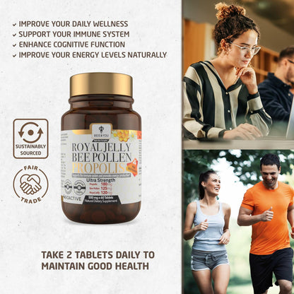 Bee and You Royal Jelly Tablet, Propolis Extract, Bee Pollen, 100% Natural 60ct EXP 12/2026