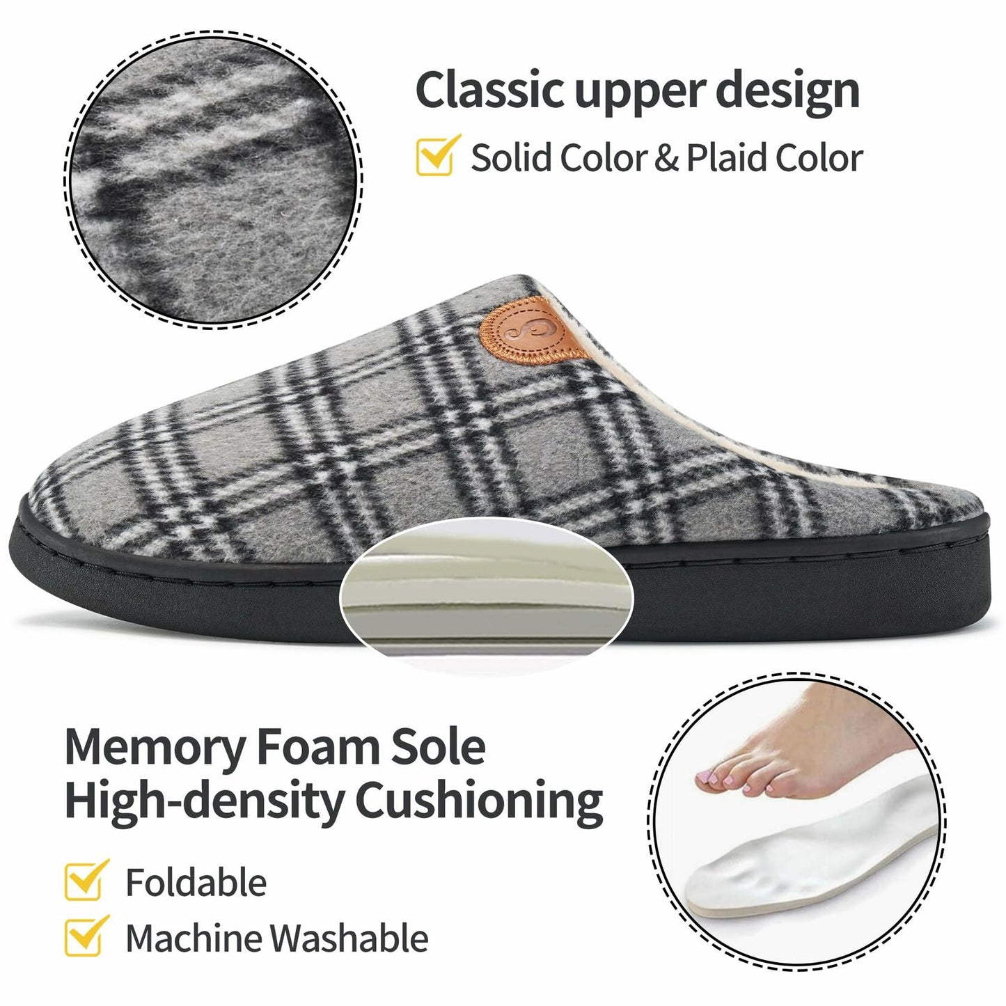 Ablanczoom Unisex Memory Foam House Slippers Grey-White Size 46/47