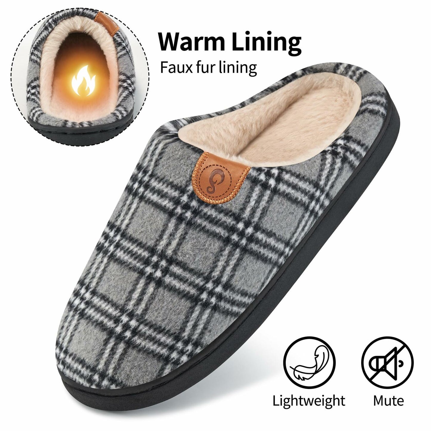 Ablanczoom Unisex Memory Foam House Slippers Grey-White Size 46/47