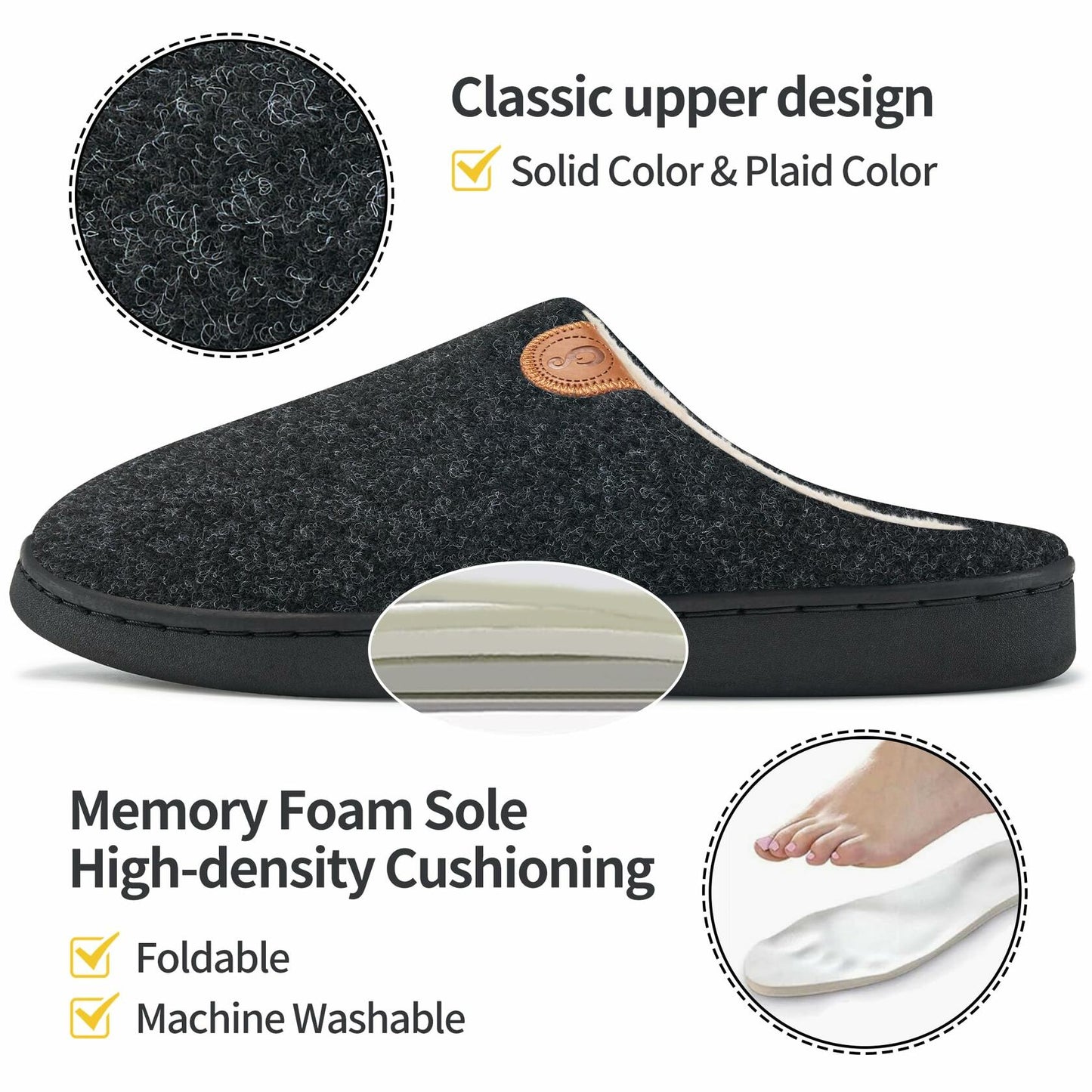 Ablanczoom Memory Foam Slippers Unisex Black Size 46/47