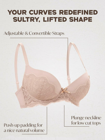 IHOIU Women's Lace Push Up Bra Padded Underwire Convertible Nude Size 32C