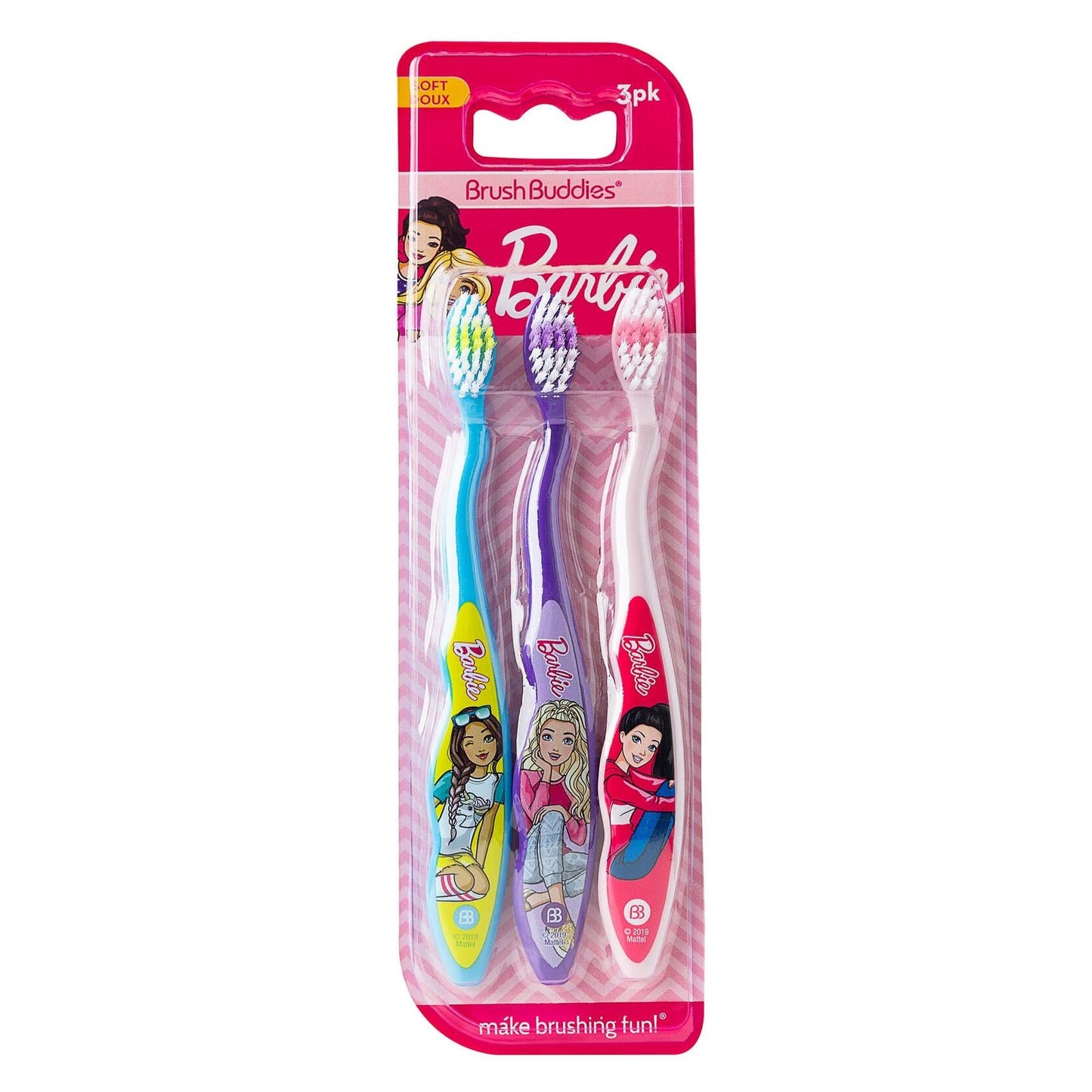 Brush Buddies Barbie Kids Toothbrush 3 Pack Soft Bristle Multi-Colored