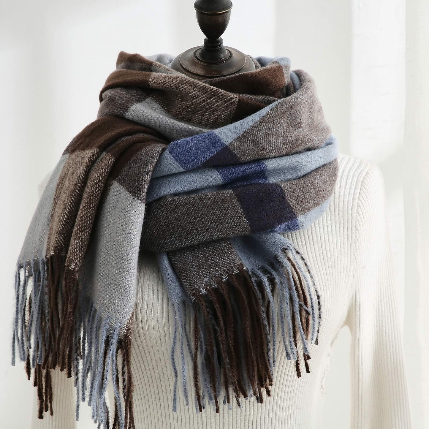 Women's Faux Cashmere Plaid Scarf Blue Ultra-Soft Winter Wrap