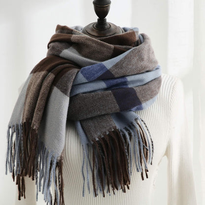 Women's Faux Cashmere Plaid Scarf Blue Ultra-Soft Winter Wrap