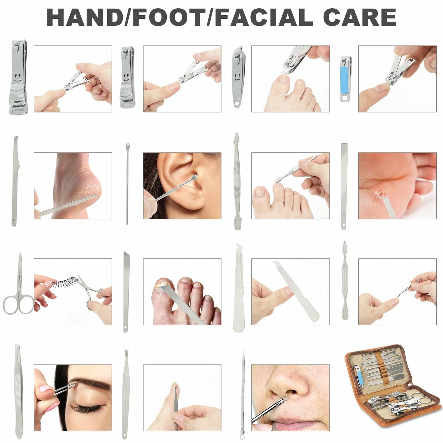 Manicure Set Nail Clippers Pedicure Kit 15Pcs Stainless Steel Brown Case