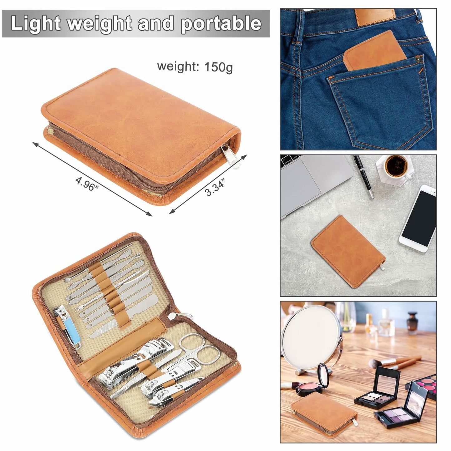 Manicure Set Nail Clippers Pedicure Kit 15Pcs Stainless Steel Brown Case