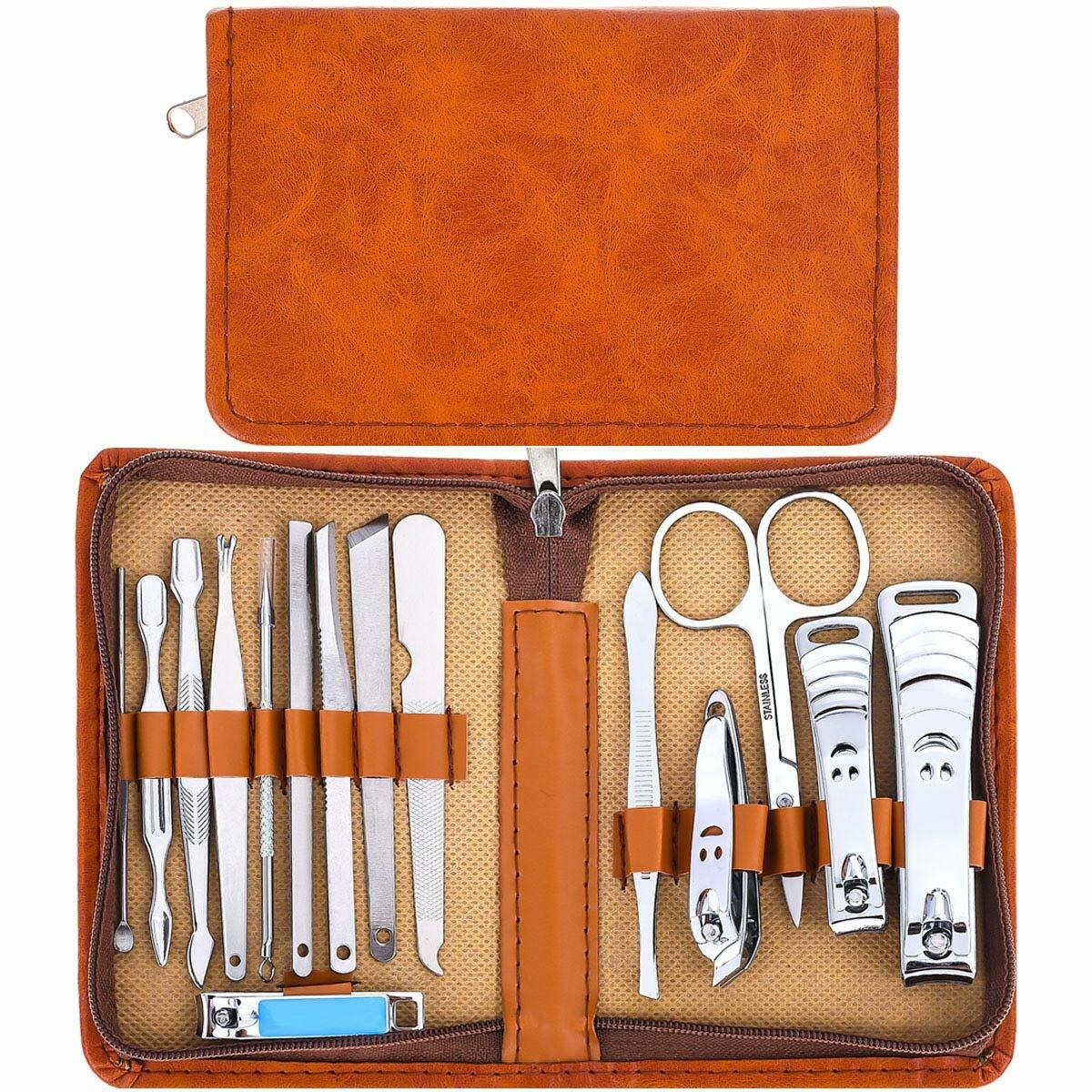 Manicure Set Nail Clippers Pedicure Kit 15Pcs Stainless Steel Brown Case