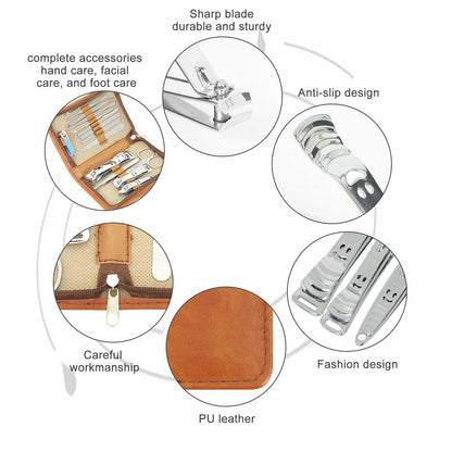 Manicure Set Nail Clippers Pedicure Kit 15Pcs Stainless Steel Brown Case