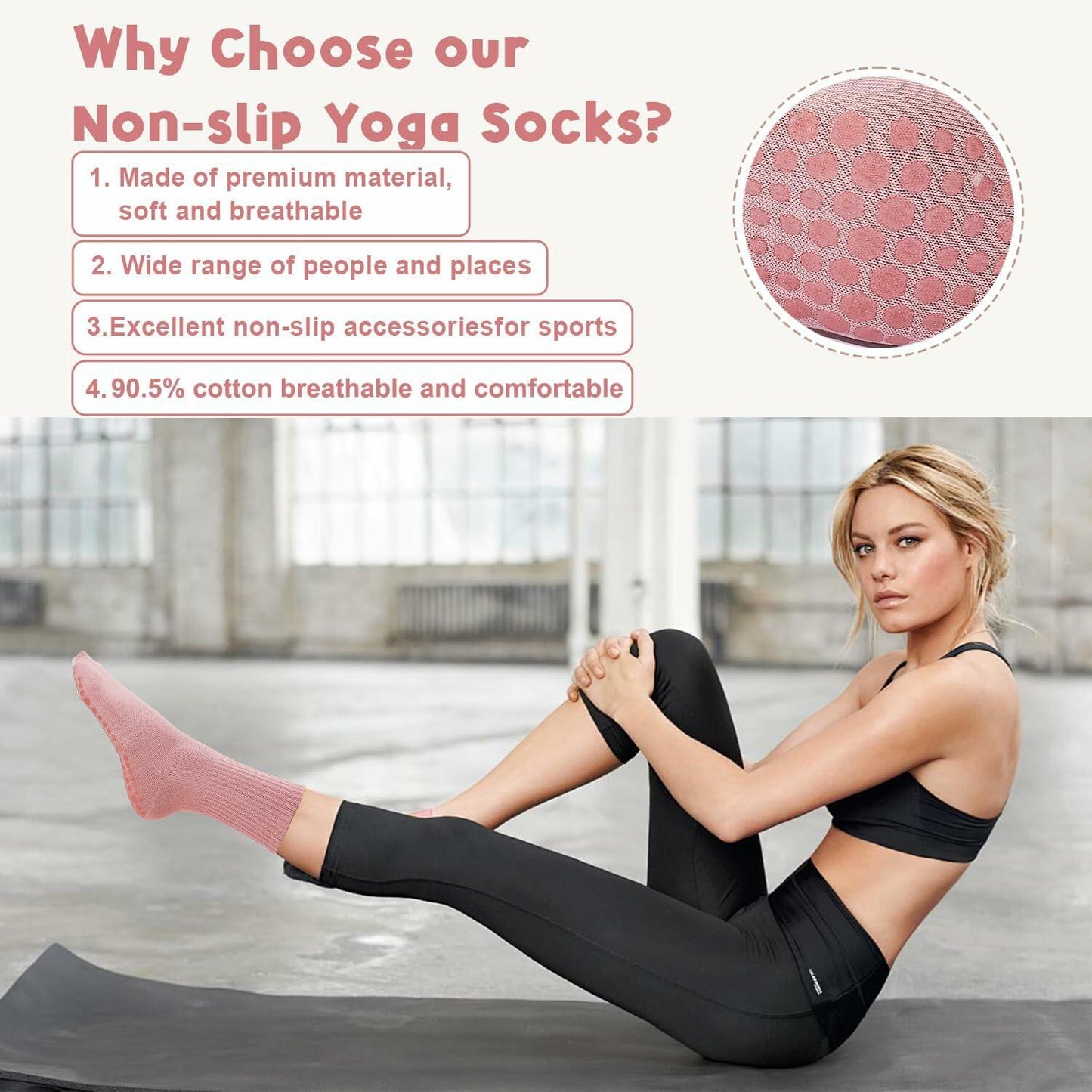Pilates Socks with Grips Women Non Slip Cotton Yoga Ballet Crew 3 Pairs US 5-9