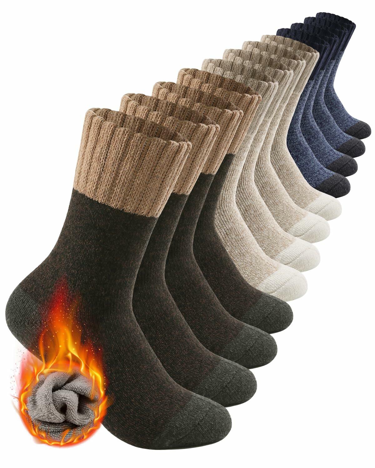 ATTIQOZI Men's Merino Wool Thermal Crew Socks Gray Khaki Blue 6 Pairs Size 8-13