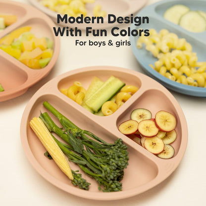 KeaBabies Silicone Suction Toddler Plates Divided 3-Pack Slate BPA-Free