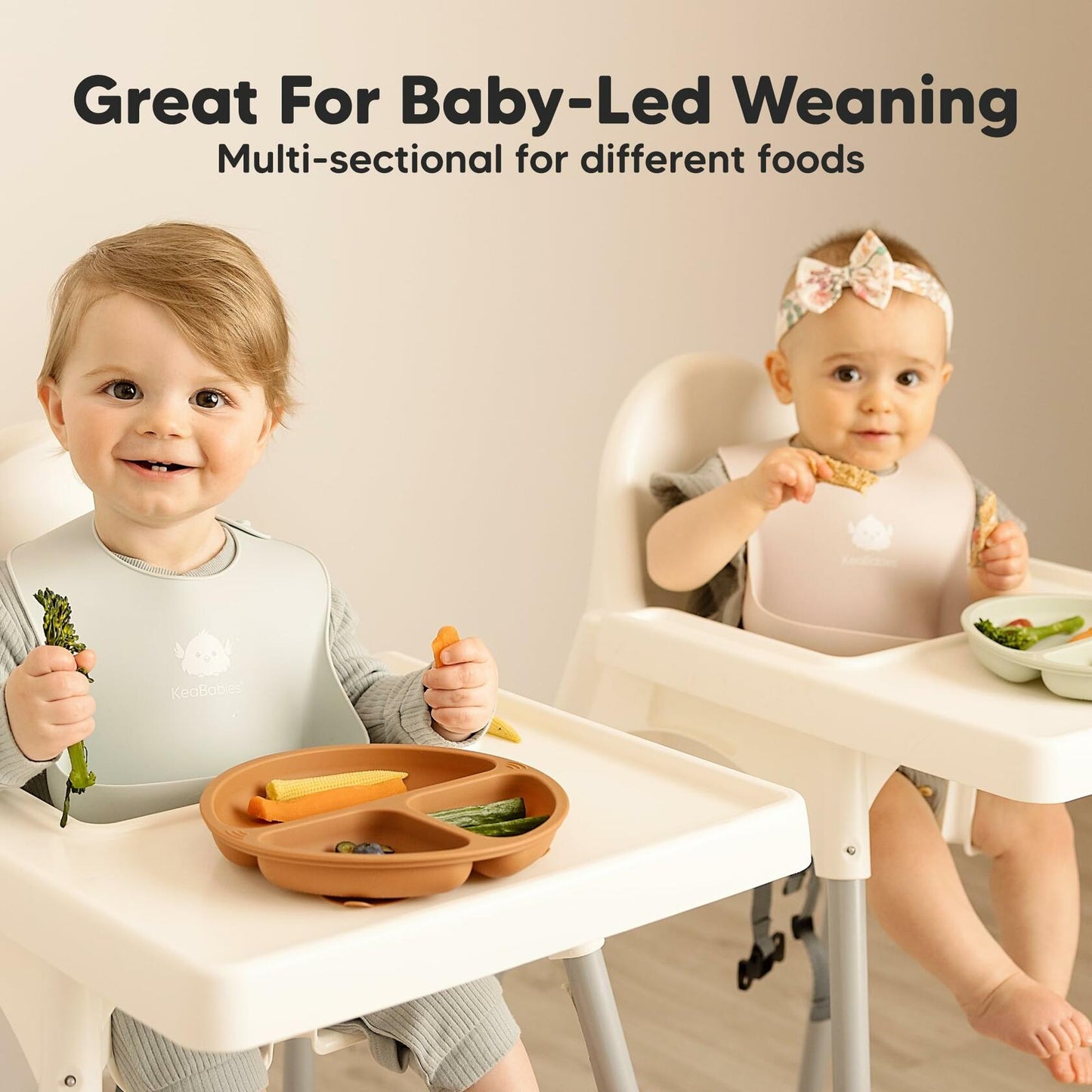 KeaBabies Silicone Suction Toddler Plates Divided 3-Pack Slate BPA-Free