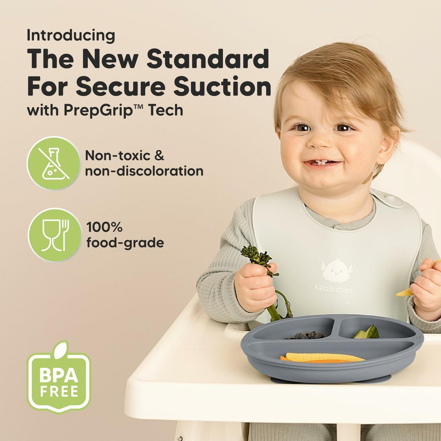 KeaBabies Silicone Suction Toddler Plates Divided 3-Pack Slate BPA-Free