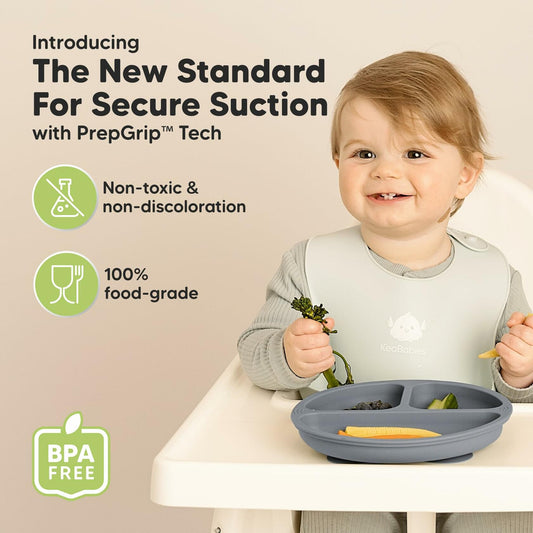 KeaBabies Silicone Suction Toddler Plates Divided 3-Pack Slate BPA-Free