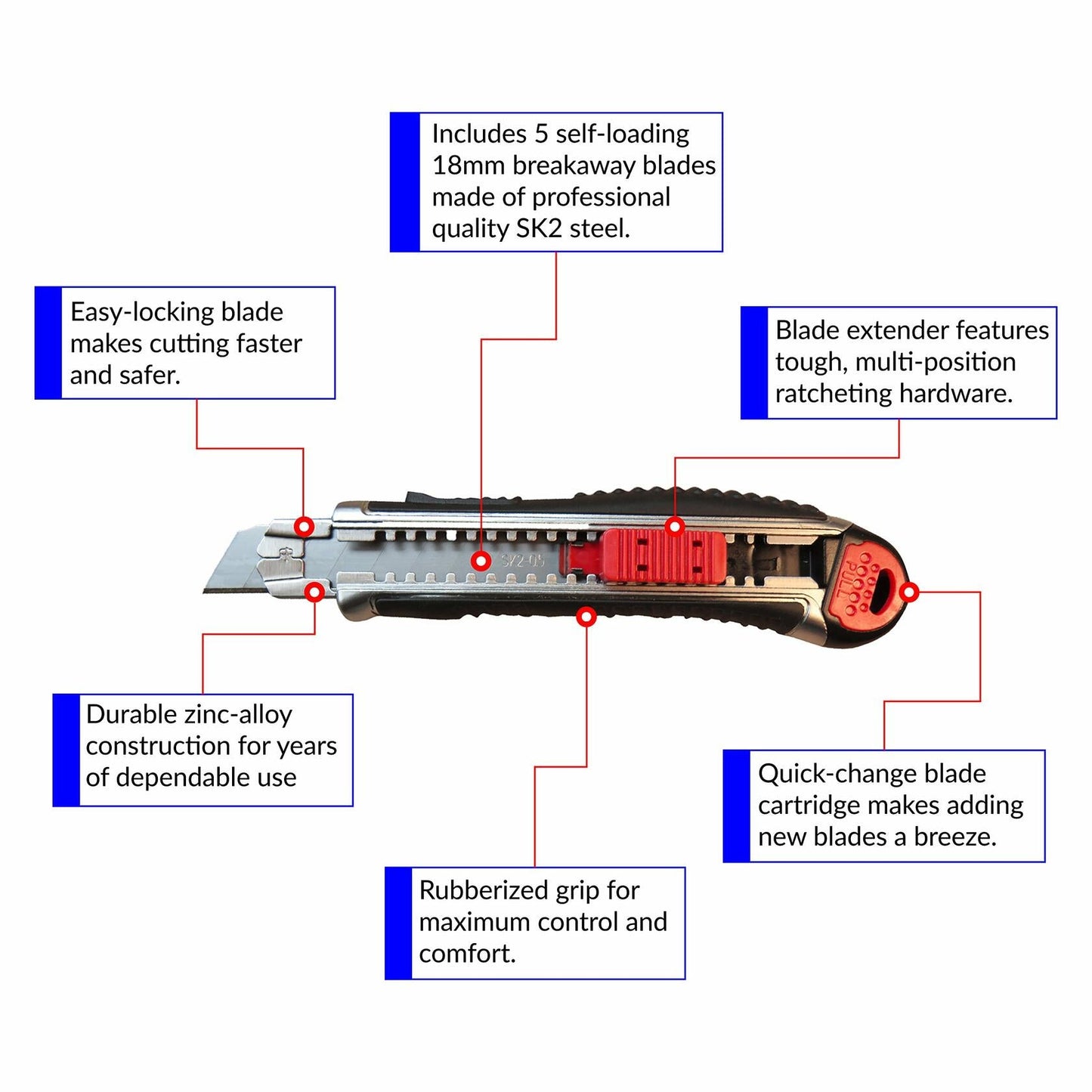 Smithline Utility Knife 18mm Retractable Razor Box Cutter SK2 Blades