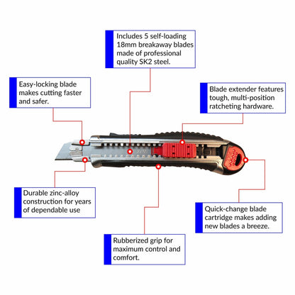 Smithline Utility Knife 18mm Retractable Razor Box Cutter SK2 Blades