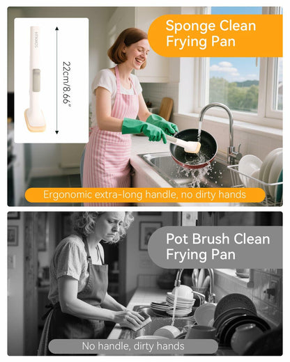 Soap Dispensing Dish Brush Set with 1 Long Handle & 10 Natural Loofah Sponges