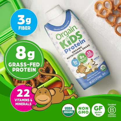 Orgain Organic Kids Nutritional Grass-Fed Protein Shake, Vanilla, Pack of 12