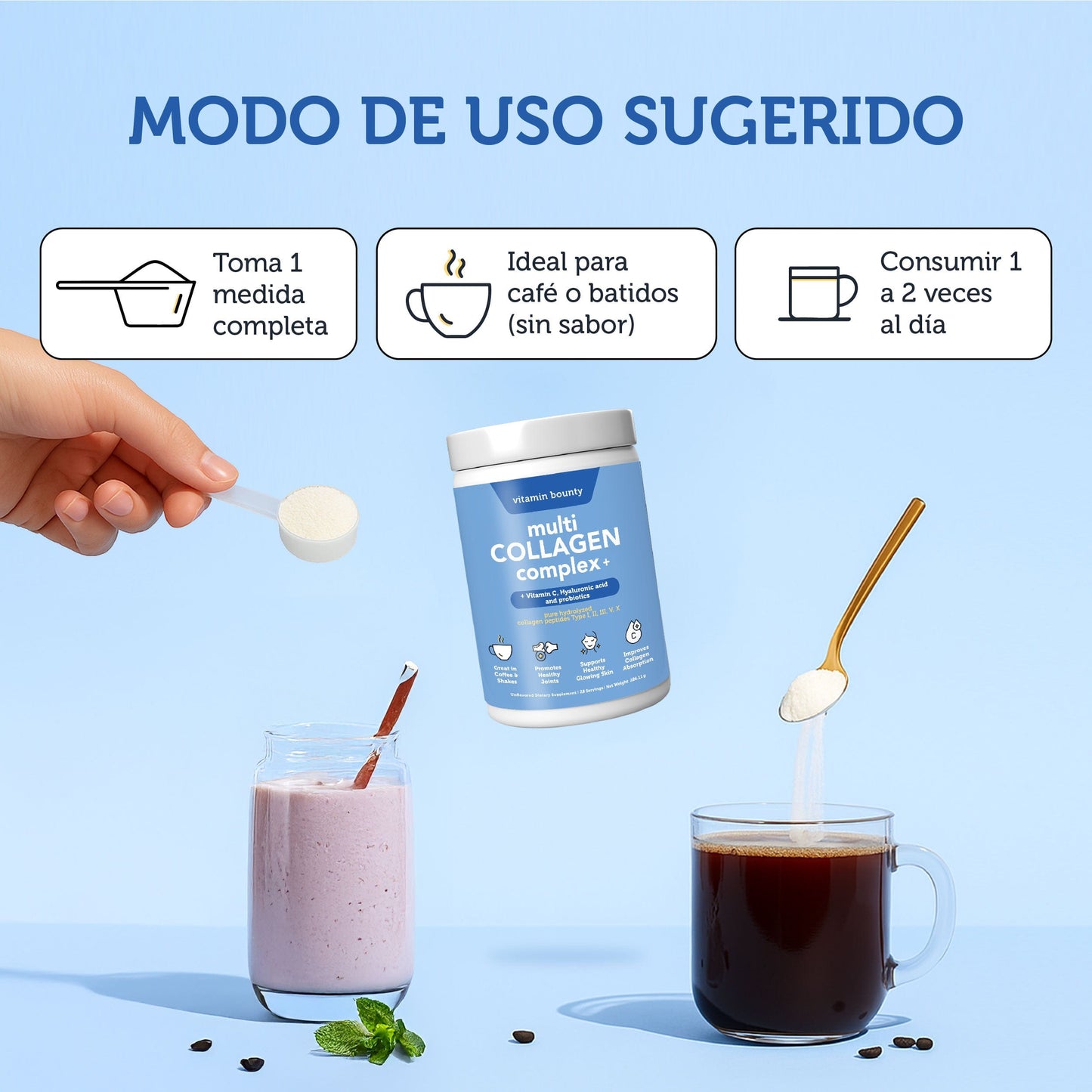 Colágeno Hidrolizado 5 en 1 con Ácido Hialurónico, Vitamina C y Probióticos