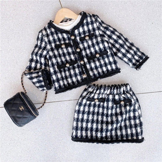 Girls Houndstooth Pattern Single Breasted Cardigan&Skirt Elegant Style Sets