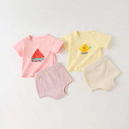 Baby Girl Fruit Pattern Short Sleeve Tops Combo Striped Graphic Triangle Shorts One Pieces Sets
