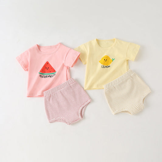 Baby Girl Fruit Pattern Short Sleeve Tops Combo Striped Graphic Triangle Shorts One Pieces Sets