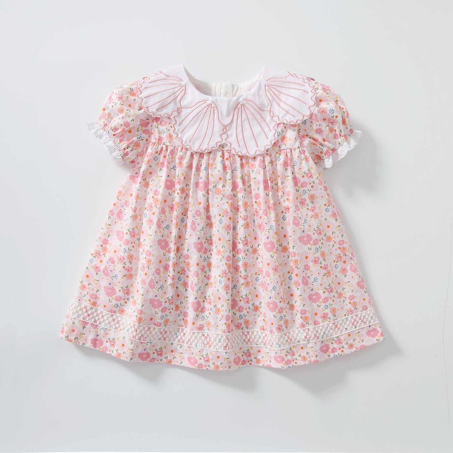 Baby Girl Short-Sleeved Floral Print Shell Shape Collar Pattern A Version Dress