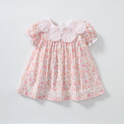 Baby Girl Short-Sleeved Floral Print Shell Shape Collar Pattern A Version Dress
