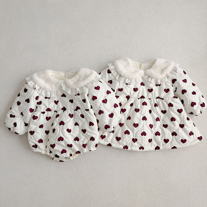 Red Heart Pattern Peter Pan Lace Collar Long Sleeve Fashion Princess Onesies&Dress
