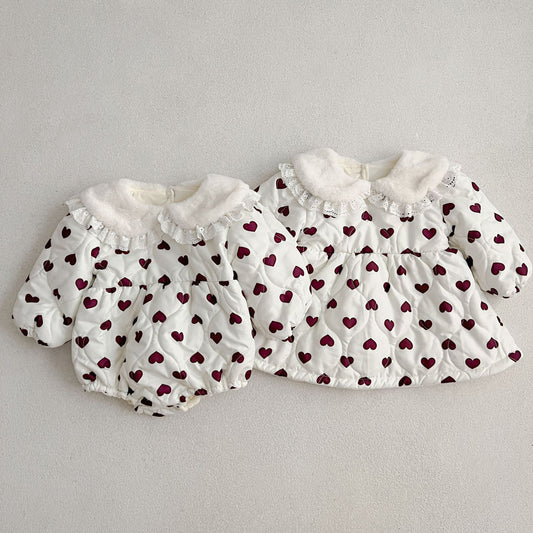 Red Heart Pattern Peter Pan Lace Collar Long Sleeve Fashion Princess Onesies&Dress