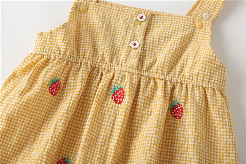 Baby Girl Plaid Graphic Strawberries Embroidery Snap Button Jumpsuit & Solid Tee Sets