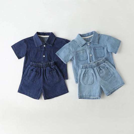 Baby Solid Color Butoon Front Denim Shirt Combo Shorts Sets In Summer