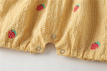 Baby Girl Plaid Graphic Strawberries Embroidery Snap Button Jumpsuit & Solid Tee Sets