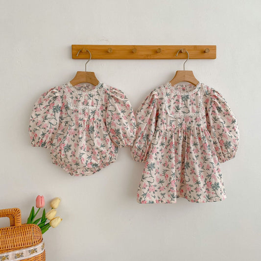 Baby Girl Flower Print Pattern Mesh Patchwork Design Onesies or Dress
