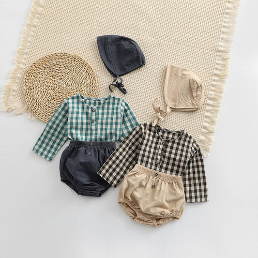 Baby Plaid Graphic Tops And Solid Shorts With Hat One Pieces Sets
