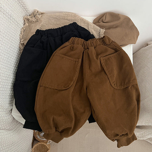 Baby Solid Color Casual Double Layel Thickened Vintage Style Pants