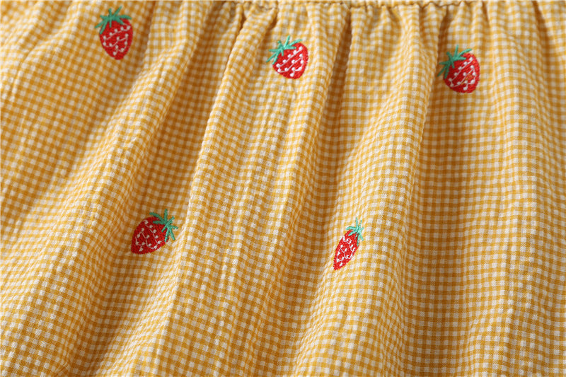 Baby Girl Plaid Graphic Strawberries Embroidery Snap Button Jumpsuit & Solid Tee Sets