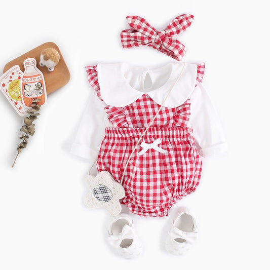 Baby Girl Doll Neck Solid Shirt & Red Plaid Graphic Bow Patched Bodysuit One Pieces Sets
