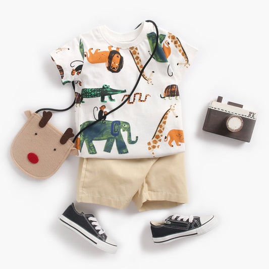 Baby Boy Animal Print Short-Sleeved Top Combo Shorts Sets In Summer