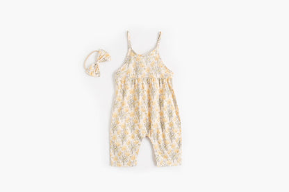 Baby Girl Floral Print Pattern Backless Design Sleeveless Rompers With Handband