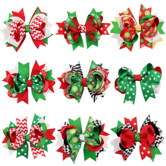 Christmas Various Pattern Dovetail Bow Shape Design Hair 5 Clips Festival Gift