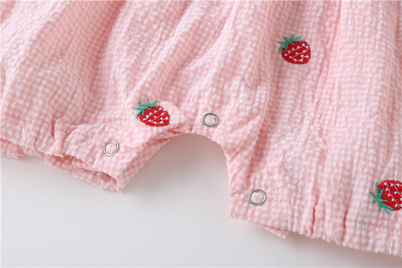 Baby Girl Plaid Graphic Strawberries Embroidery Snap Button Jumpsuit & Solid Tee Sets