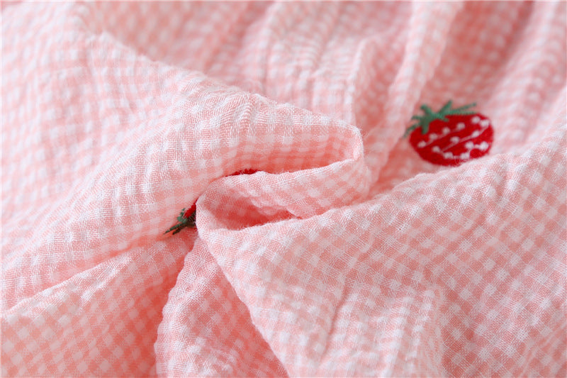 Baby Girl Plaid Graphic Strawberries Embroidery Snap Button Jumpsuit & Solid Tee Sets